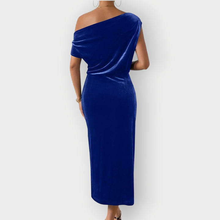 Saeviah | Off Shoulder Draped Velvet Midi Dress