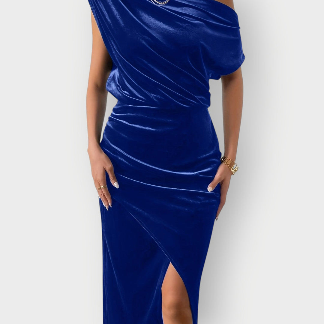 Saeviah | Off Shoulder Draped Velvet Midi Dress