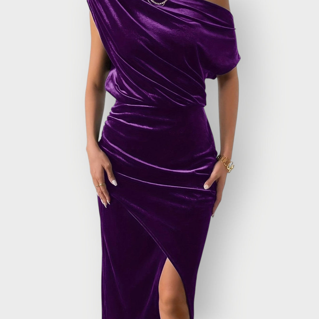 Saeviah | Off Shoulder Draped Velvet Midi Dress