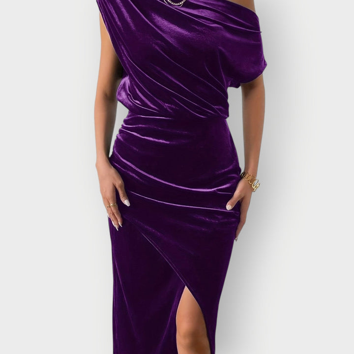 Saeviah | Off Shoulder Draped Velvet Midi Dress