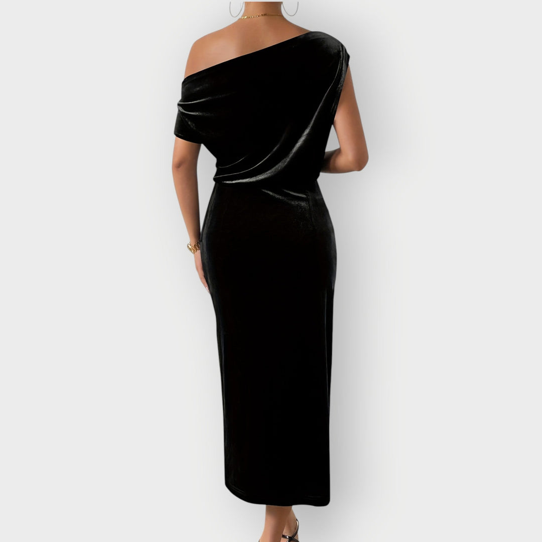 Saeviah | Off Shoulder Draped Velvet Midi Dress