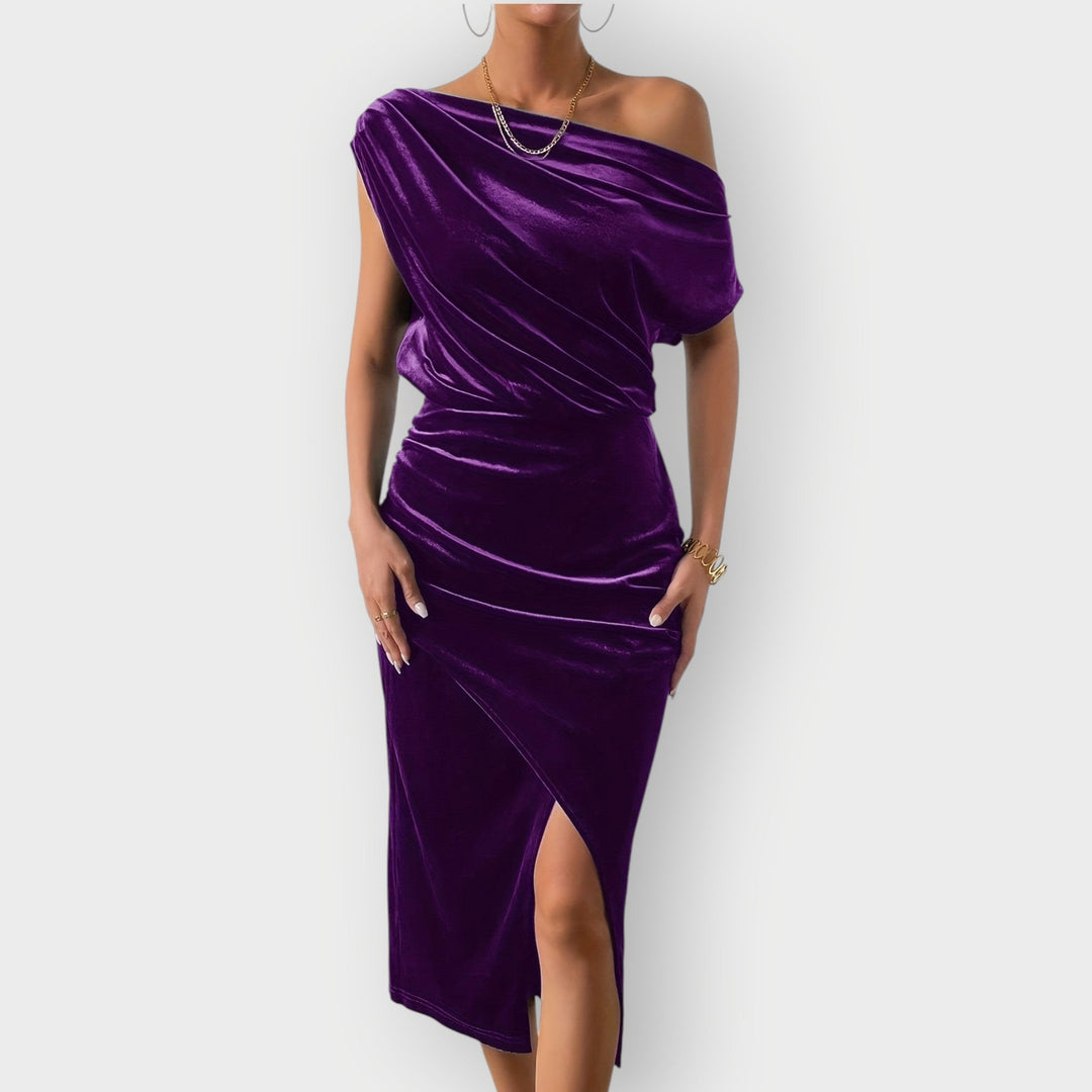Saeviah | Off Shoulder Draped Velvet Midi Dress